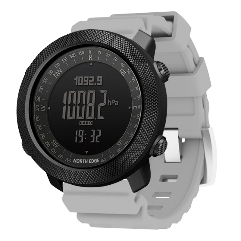 NORTH EDGE Men's sport Digital watch Hours Running Swimming Military Army watches Altimeter Barometer Compass waterproof 50m with black round face and gray adjustable silicone strap.