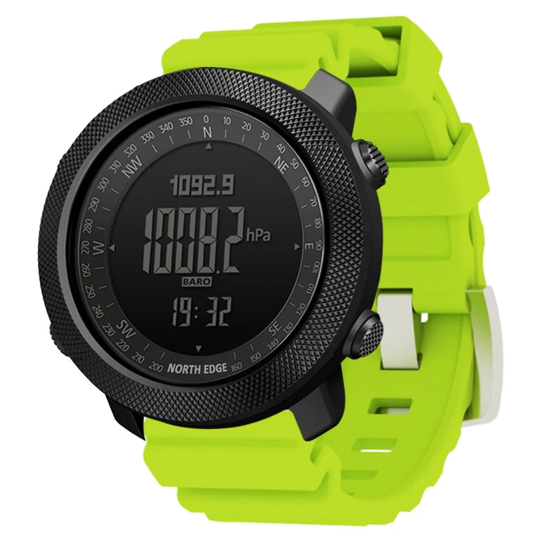 NORTH EDGE Men's sport Digital watch Hours Running Swimming Military Army watches Altimeter Barometer Compass waterproof 50m with a black round face and bright green silicone strap.