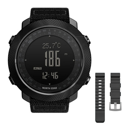 NORTH EDGE Men's sport Digital watch Hours Running Swimming Military Army watches Altimeter Barometer Compass waterproof 50m with black textured bezel and two interchangeable straps.