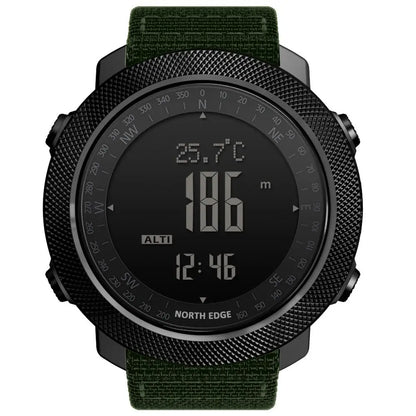 NORTH EDGE Men's sport Digital watch Hours Running Swimming Military Army watches Altimeter Barometer Compass waterproof 50m with black textured bezel and green fabric strap displaying altitude, temperature, and time.