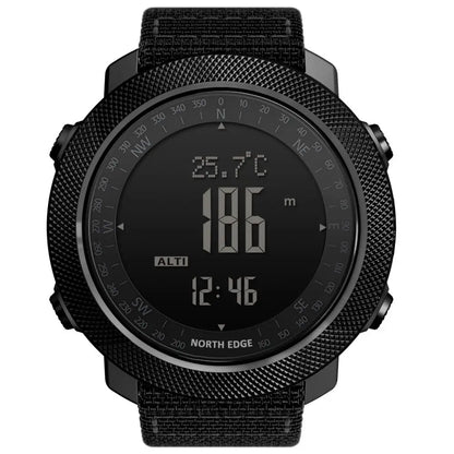 NORTH EDGE Men's sport Digital watch Hours Running Swimming Military Army watches Altimeter Barometer Compass waterproof 50m with black rugged design and digital altitude display.