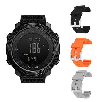 NORTH EDGE Men's sport Digital watch Hours Running Swimming Military Army watches Altimeter Barometer Compass waterproof 50m in black with additional black, orange, and gray interchangeable straps.
