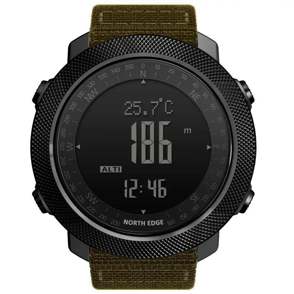 NORTH EDGE Men's sport Digital watch Hours Running Swimming Military Army watches Altimeter Barometer Compass waterproof 50m with black textured bezel and green fabric strap showing altitude, temperature, and time.