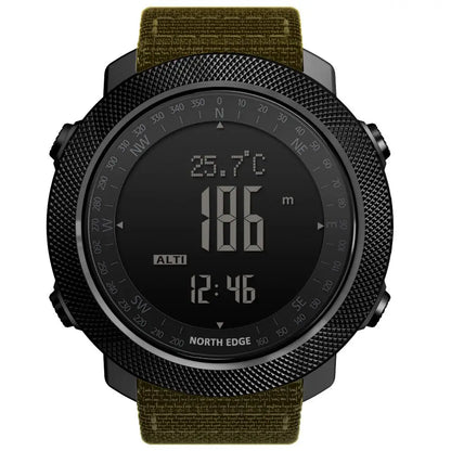 NORTH EDGE Men's sport Digital watch Hours Running Swimming Military Army watches Altimeter Barometer Compass waterproof 50m with black textured bezel and green fabric strap showing altitude, temperature, and time.