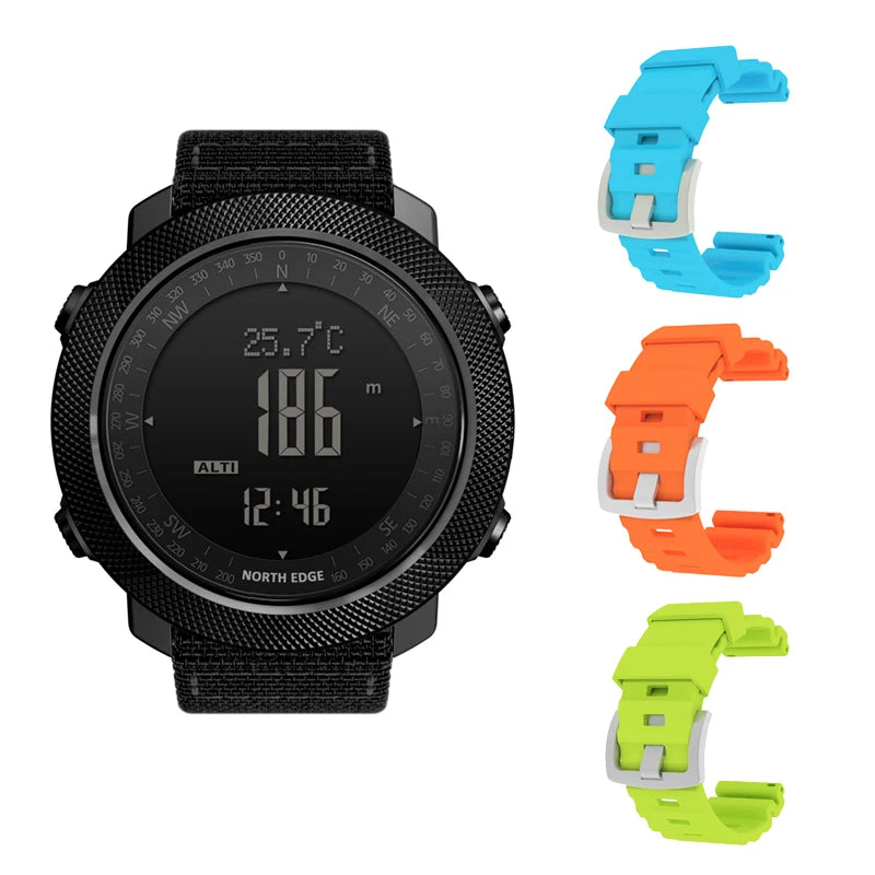 NORTH EDGE Men's sport Digital watch Hours Running Swimming Military Army watches Altimeter Barometer Compass waterproof 50m with interchangeable black fabric and colorful silicone straps in blue, orange, and green.
