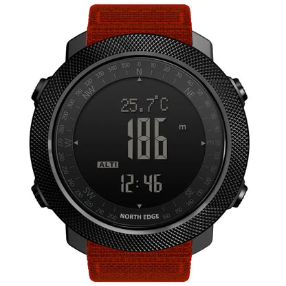 NORTH EDGE Men's sport Digital watch Hours Running Swimming Military Army watches Altimeter Barometer Compass waterproof 50m with black textured bezel and red fabric strap showing altitude, temperature, and time on digital display.