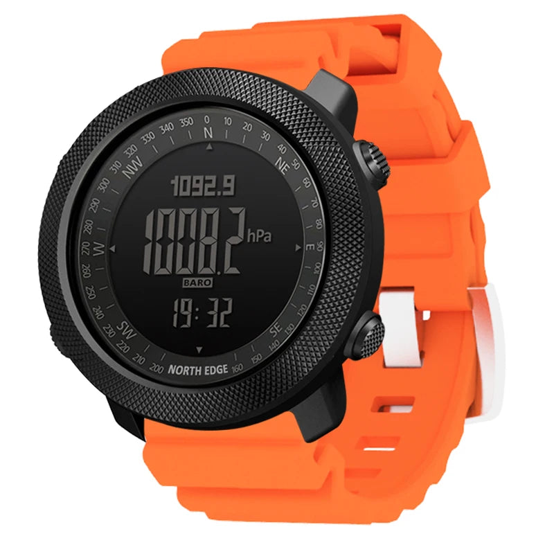 NORTH EDGE Men's sport Digital watch Hours Running Swimming Military Army watches Altimeter Barometer Compass waterproof 50m with black digital face and bright orange silicone strap.