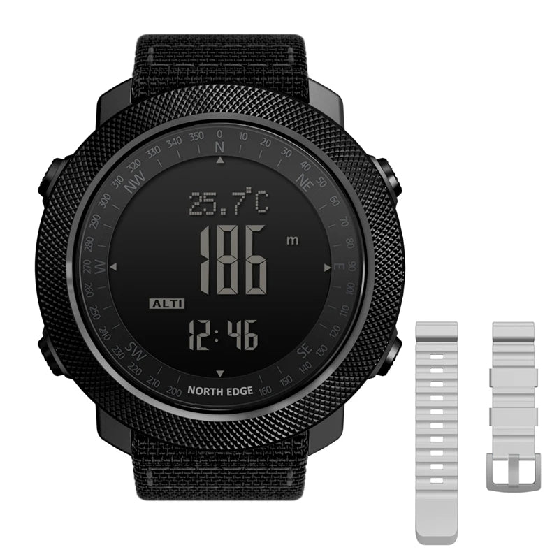 NORTH EDGE Men's sport Digital watch Hours Running Swimming Military Army watches Altimeter Barometer Compass waterproof 50m shown in black with fabric strap and extra white strap next to the watch.