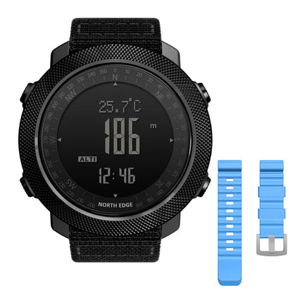 NORTH EDGE Men's sport Digital watch Hours Running Swimming Military Army watches Altimeter Barometer Compass waterproof 50m with black face, digital display, and extra blue strap.