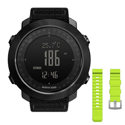 NORTH EDGE Men's sport Digital watch Hours Running Swimming Military Army watches Altimeter Barometer Compass waterproof 50m with black textured dial and additional green interchangeable strap.