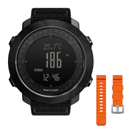 NORTH EDGE Men's sport Digital watch Hours Running Swimming Military Army watches Altimeter Barometer Compass waterproof 50m with black textured dial, digital display, and extra orange strap.