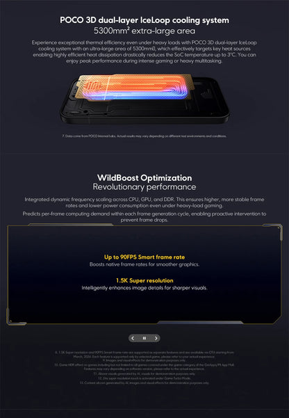 Global Version POCO X8 Pro Smartphone MTK Dimensity 8500-Ultra 6500mAh Battery 6.59" 1.5K 120Hz AMOLED Display 50MP Camera showcasing POCO 3D dual-layer IceLoop cooling and WildBoost optimization for high performance.