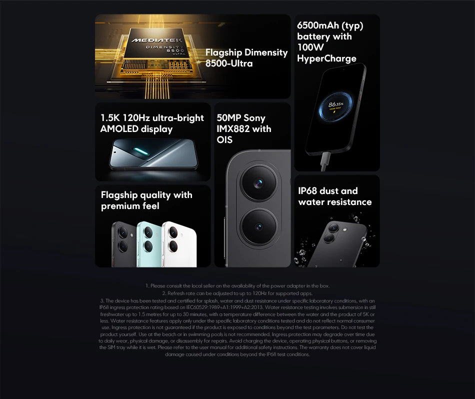 Global Version POCO X8 Pro Smartphone MTK Dimensity 8500-Ultra 6500mAh Battery 6.59" 1.5K 120Hz AMOLED Display 50MP Camera highlighting flagship chipset, battery with fast charging, premium display, advanced camera, and water resistance.