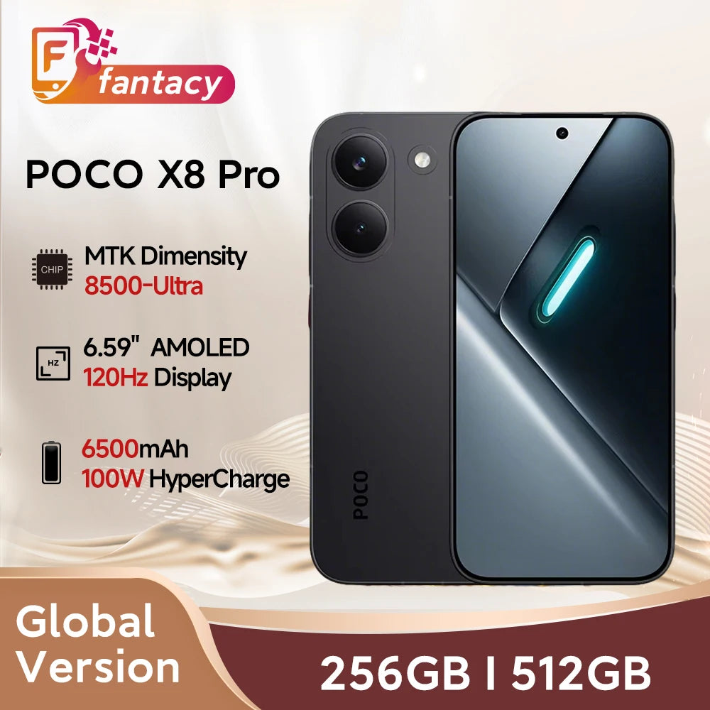 Global Version POCO X8 Pro Smartphone MTK Dimensity 8500-Ultra 6500mAh Battery 6.59" 1.5K 120Hz AMOLED Display 50MP Camera featured in sleek black with front and rear views.