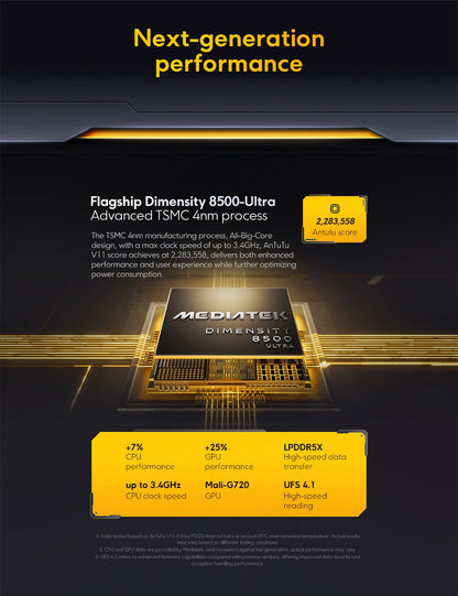 Graphic showcasing the flagship Dimensity 8500-Ultra chipset performance with a TSMC 4nm process, highlighting 2,283,558 AnTuTu score in Global Version POCO X8 Pro Smartphone MTK Dimensity 8500-Ultra 6500mAh Battery 6.59" 1.5K 120Hz AMOLED Display 50MP Camera.