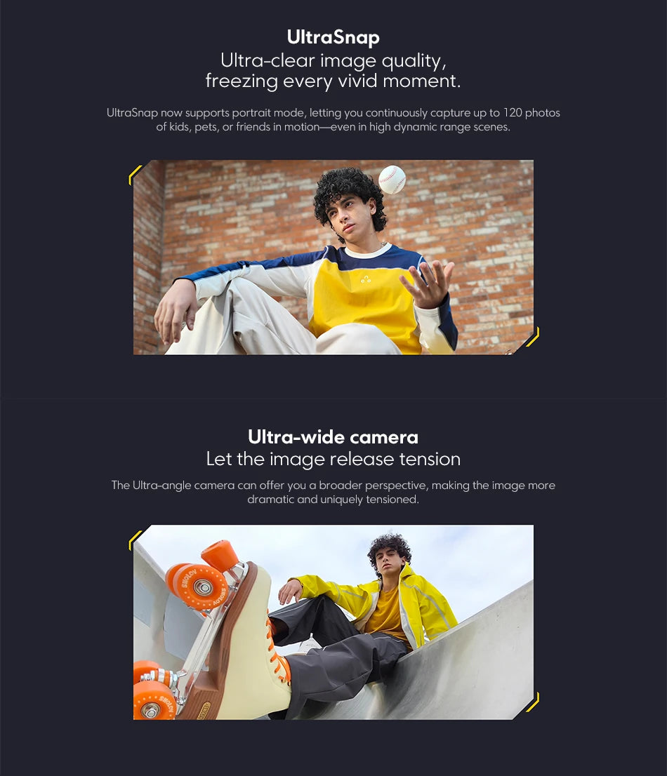 Promotional image showcasing the Global Version POCO X8 Pro Smartphone MTK Dimensity 8500-Ultra 6500mAh Battery 6.59" 1.5K 120Hz AMOLED Display 50MP Camera highlighting UltraSnap and ultra-wide camera features with young man in vivid outdoor scenes.