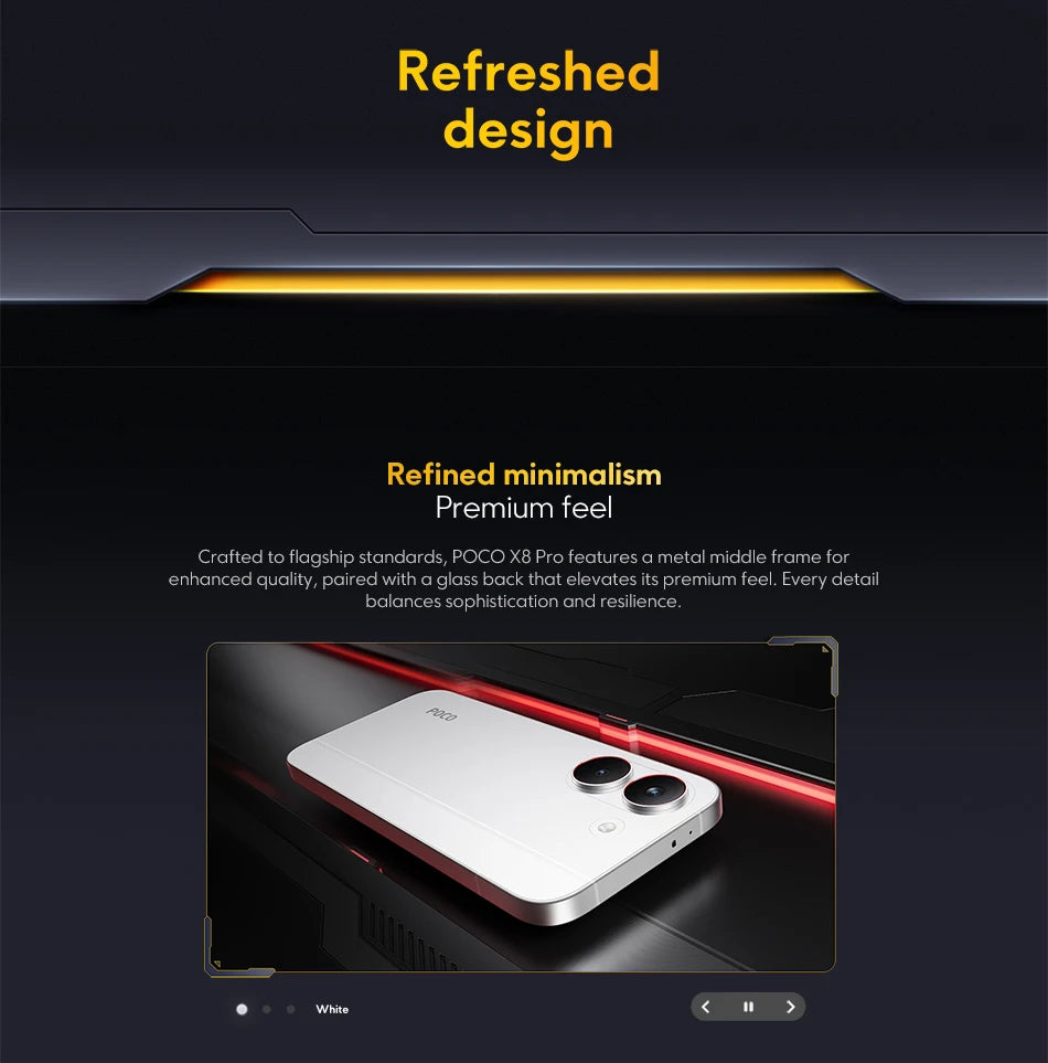 Global Version POCO X8 Pro Smartphone MTK Dimensity 8500-Ultra 6500mAh Battery 6.59" 1.5K 120Hz AMOLED Display 50MP Camera shown in white with refined minimalist design and premium metal frame.