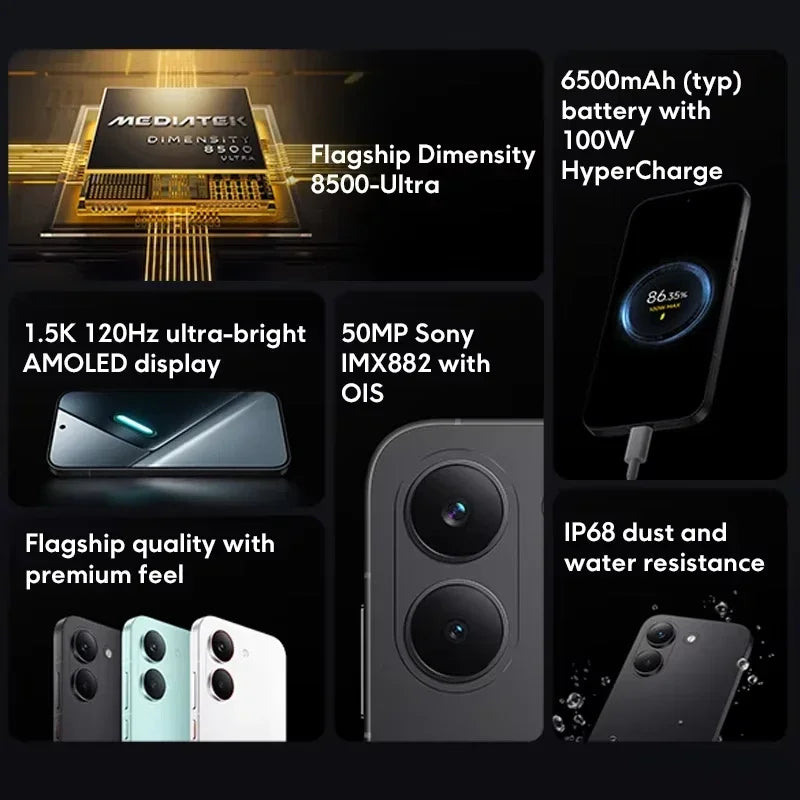 Global Version POCO X8 Pro Smartphone MTK Dimensity 8500-Ultra 6500mAh Battery 6.59" 1.5K 120Hz AMOLED Display 50MP Camera highlighting flagship processor, fast charging, premium design, and water resistance features.