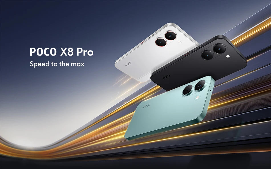 Global Version POCO X8 Pro Smartphone MTK Dimensity 8500-Ultra 6500mAh Battery 6.59" 1.5K 120Hz AMOLED Display 50MP Camera shown in white, black, and turquoise colors with sleek design and dynamic motion background.