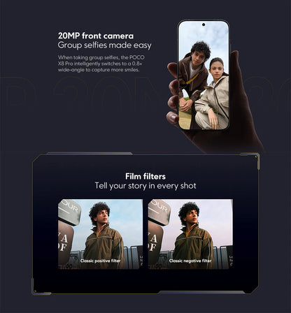 Hand holding Global Version POCO X8 Pro Smartphone MTK Dimensity 8500-Ultra 6500mAh Battery 6.59" 1.5K 120Hz AMOLED Display 50MP Camera showing 20MP front camera wide-angle group selfie feature and film filters with example photos of classic positive and negative filters.