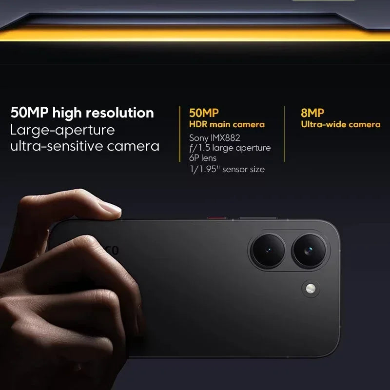 Hand holding the Global Version POCO X8 Pro Smartphone MTK Dimensity 8500-Ultra 6500mAh Battery 6.59" 1.5K 120Hz AMOLED Display 50MP Camera showing the dual 50MP HDR main camera and 8MP ultra-wide camera on a matte black finish.